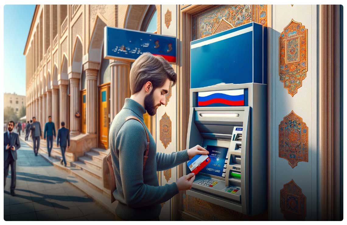 DALL·E-2024-04-25-10.52.08---A-realistic-horizontal-image-depicting-a-Russian-tourist-using-a-Russian-credit-card-at-an-ATM-in-Iran.-The-ATM-is-modern-and-located-outside-a-promin