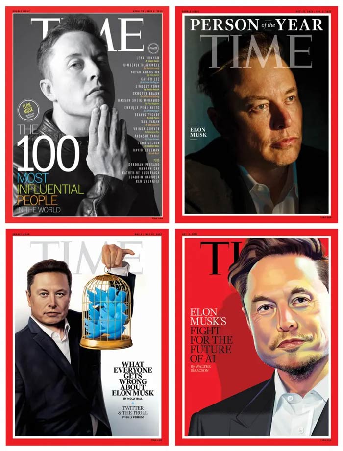 در جهت عقربه‌های ساعت از بالا سمت چپ: عکاسی توسط مارک سلیگر (Mark Seliger) برای مجله تایم (TIME)، عکاسی توسط مارک ماهانی (Mark Mahaney) برای تایم، تصویرسازی توسط نایجل بوکانان (Nigel Buchanan) برای تایم، تصویرسازی توسط تیم اوبراین (Tim O’Brien) برای تایم